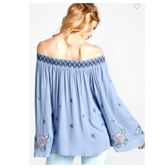 Women's Blue Peasant Elasticized Off the Shoulder Bell Sleeve Blouse - Picture 3 of 7